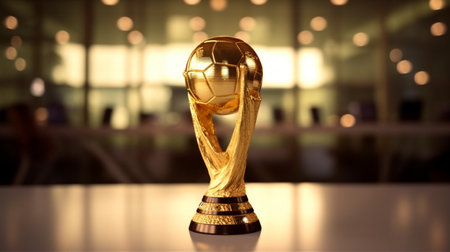 golden trophy placed on wooden tableの素材