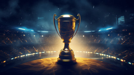 Champion's Gold Cup Shining in a Majestic Football Stadiumの素材