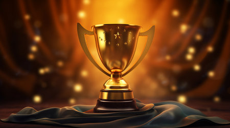 golden trophy placed on wooden table wavy cloth backgroundの素材