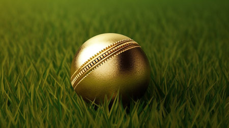 Red Leather Cricket Sport Ball on grassの素材