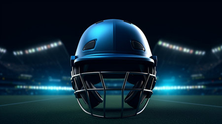 A Cricket Helmet Resting on Lush Stadium Grassの素材
