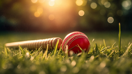 Red Leather Cricket Sport Ball on grassの素材