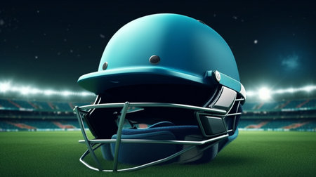 A Cricket Helmet Resting on Lush Stadium Grassの素材