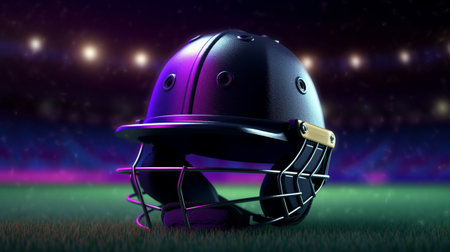 A Cricket Helmet Resting on Lush Stadium Grassの素材