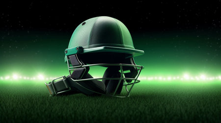 A Cricket Helmet Resting on Lush Stadium Grassの素材