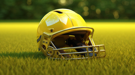 A Cricket Helmet Resting on Lush Stadium Grassの素材
