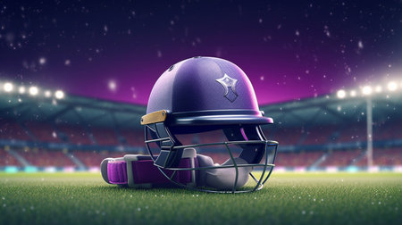 A Cricket Helmet Resting on Lush Stadium Grassの素材