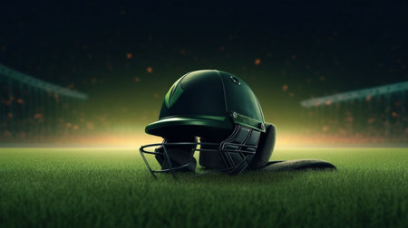 A Cricket Helmet Resting on Lush Stadium Grassの素材