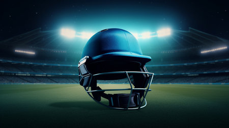 A Cricket Helmet Resting on Lush Stadium Grassの素材