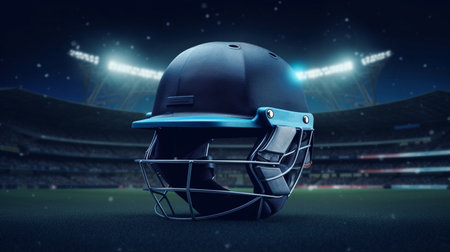 A Cricket Helmet Resting on Lush Stadium Grassの素材