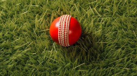 Red Leather Cricket Sport Ball on grassの素材