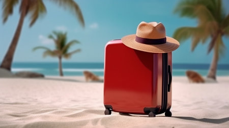 Red Travel suitcase and hat on topical beach sand, Adventure conceptの素材