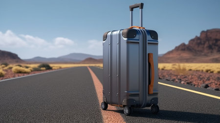Luggage on the road in the desert. 3D rendering.の素材