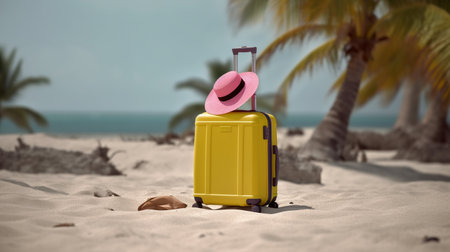 Yellow Travel suitcase and hat on topical beach sand, Adventure conceptの素材