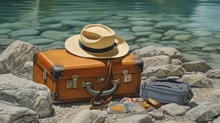 Vintage Suitcase, hat and sunglasses on beach stonesの素材