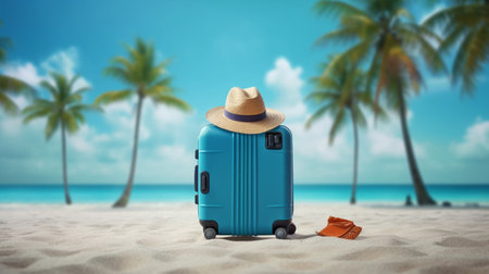 Blue Travel suitcase, sunglasses and hat on topical beach sand, Adventure conceptの素材