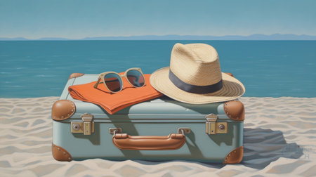 Vintage Suitcase, hat and sunglasses on beach sandの素材