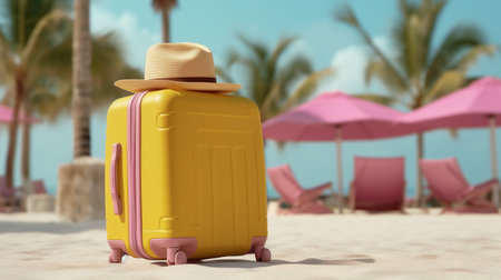 Yellow Travel suitcase and hat on topical beach sand, Adventure conceptの素材