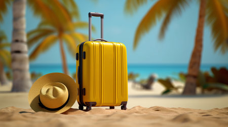 Yellow Travel suitcase and hat on topical beach sand, Adventure conceptの素材