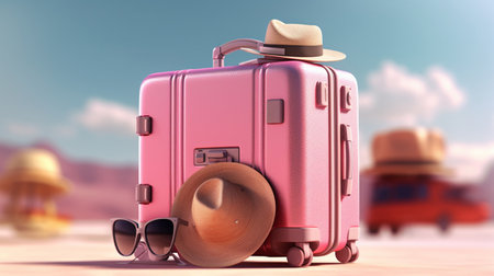 Red Travel suitcase and hat on topical beach sand, Adventure conceptの素材