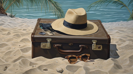Vintage Suitcase and hat on beach sandの素材