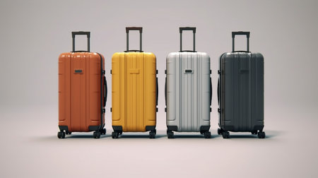 four suitcases in a row on white backgroundの素材