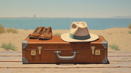 Vintage Suitcase, hat and sunglasses on tableの素材