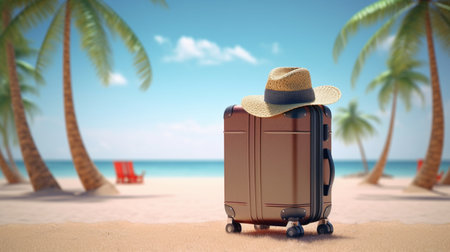 Brown Suitcase and hat on tropical beach sandの素材