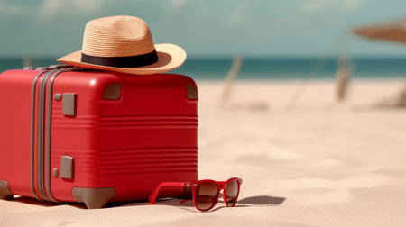 Red Travel suitcase and hat on topical beach sand, Adventure conceptの素材