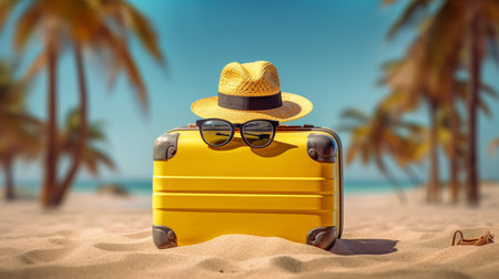 Yellow Travel suitcase and hat on topical beach sand, Adventure conceptの素材