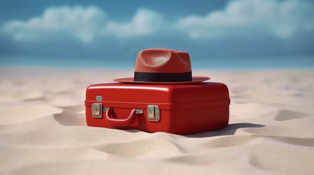 Red Travel suitcase and hat on topical beach sand, Adventure conceptの素材