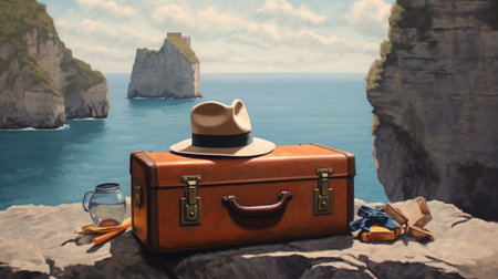 Vintage Suitcase, hat and sunglasses on beach rockの素材