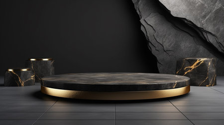 3D empty gold black podium background with a pedestal stage, luxury podium for product presentationの素材