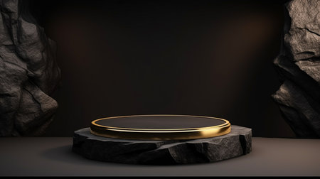 3D empty gold black podium background with a pedestal stage, luxury podium for product presentationの素材