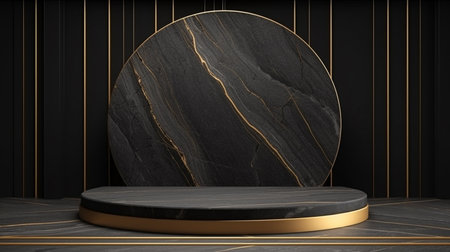 3D empty gold black podium background with a pedestal stage, luxury podium for product presentationの素材