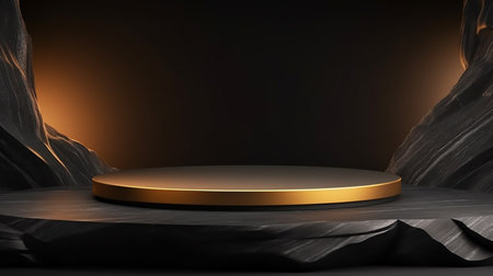 3D empty gold black podium background with a pedestal stage, luxury podium for product presentationの素材