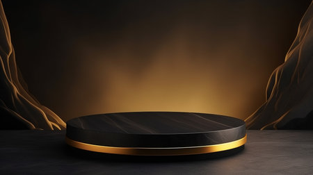3D empty gold black podium background with a pedestal stage, luxury podium for product presentationの素材