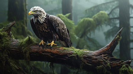A bald eagle sitting on a branch of a tree in the deep jungle.の素材
