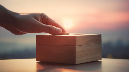 Hand put wooden cube with sunset background, business and finance concept.の素材