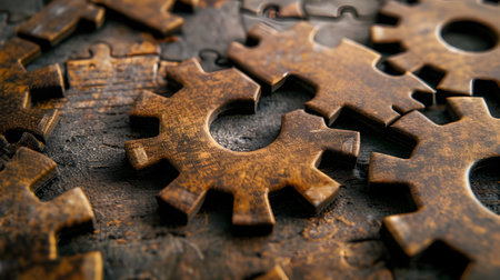 Rusty metal gears on rustic wooden background. Toned.の素材