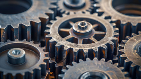 Close up of metal gear wheels, industrial background, selective focus.の素材