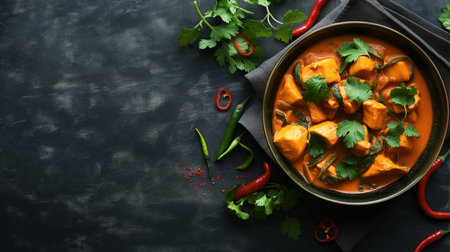 Professional shot of butter chicken on dark grey backgroundの素材