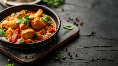 Professional shot of butter chicken on dark grey backgroundの素材