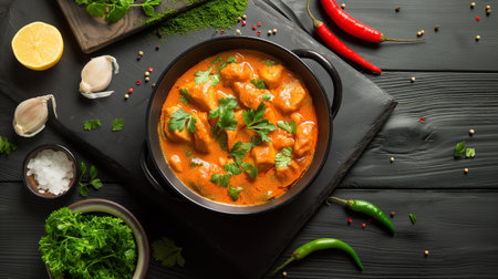 Professional shot of butter chicken on dark grey backgroundの素材
