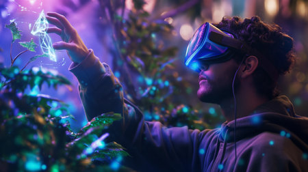 young boy wearing VR headset on face enjoying a virtual reality experience by watching virtual neon jungle, Metaverse, digital technology conceptの素材
