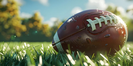American football ball on grass in stadiumの素材