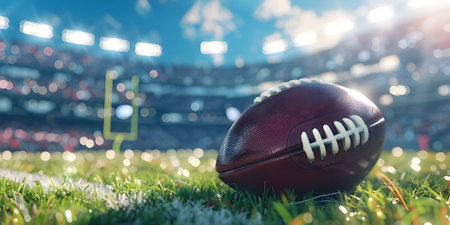 American football ball on grass in stadiumの素材
