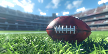 American football ball on grass in stadiumの素材