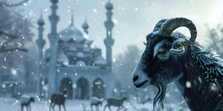 Goat with beautiful mosque background, Eid ul Adha Concept backgroundの素材
