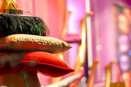A set of colorful cushions in a window shopの写真素材